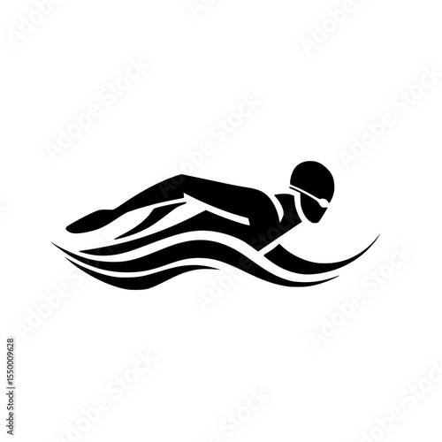 a black silhouette of a swimmer swimming on a white background black, man, silhouette, swim, swimmer, water, wave , Generative art.