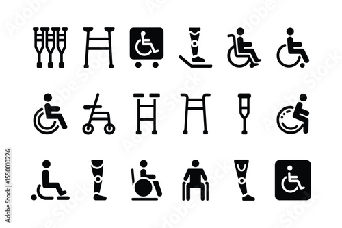 Black Icon Set of Mobility Aids Wheelchairs Crutches Walkers Prosthetic Legs for Accessibility