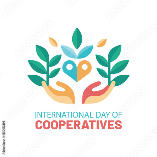 International day of cooperatives celebration logo with hands and green leaves elements
