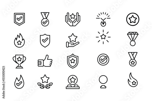 Black Line Icon Set Achievement Awards Success Quality Guarantee Stars Trophies Medals Checkmarks Thumbs Up