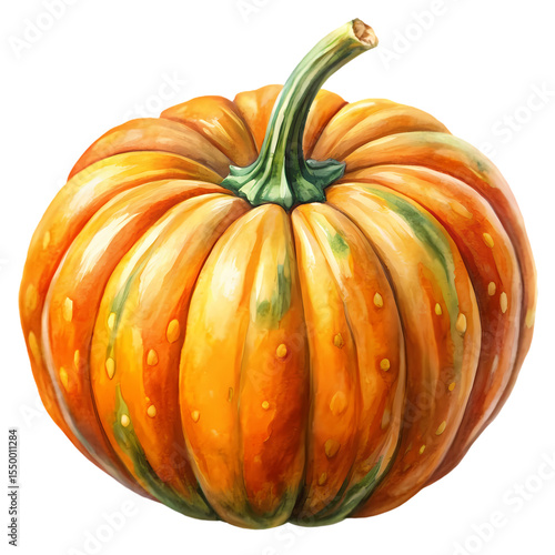 A Single Autumn Pumpkin Vibrant Orange and Green Hues isolated on transparent baackground