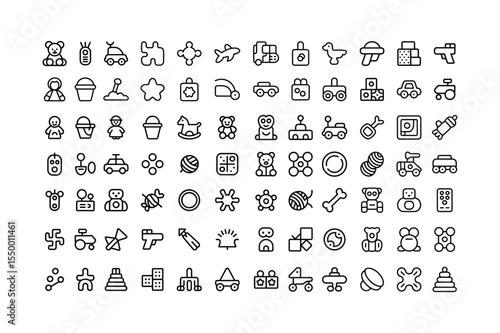 Large Set of Black Outline Childrens Toys Icons Teddy Bear Puzzle Blocks Car Airplane