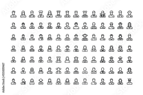 Large Set of Black and White Line Icons Depicting Diverse Professions and Occupations People Avatar Symbols