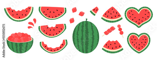 Watermelon Flat Vector Illustration. Whole Summer Fruit and Bitten Slices. Chopped Watermelon Cubes, Balls, Canape, Heart. Watermelon Letters.