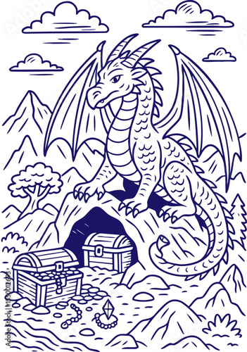 Dragon guarding treasure chests at cave in mountain landscape