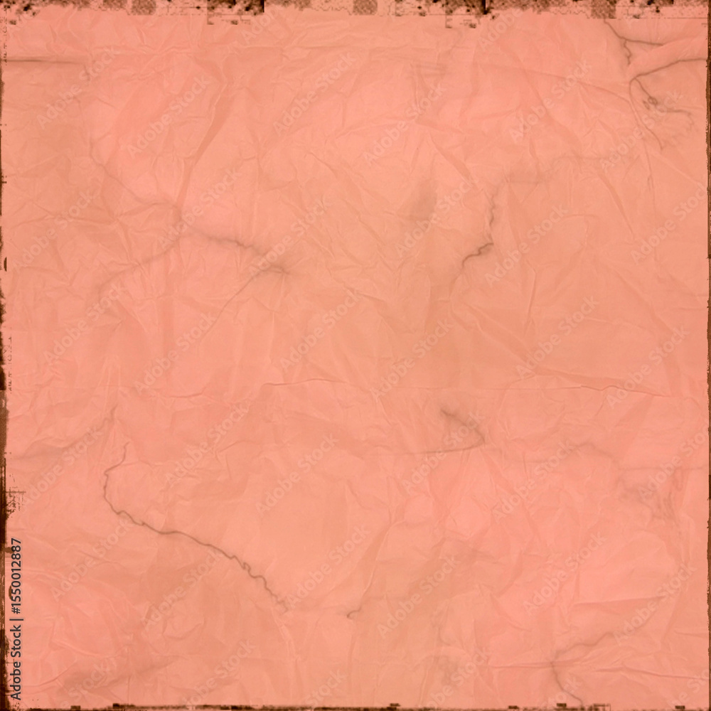 Fototapeta premium Vintage peach crumpled paper texture with soft creases, worn edges, and faded grunge shading, ideal for scrapbooking, invitations, overlays, posters, and creative graphic projects.