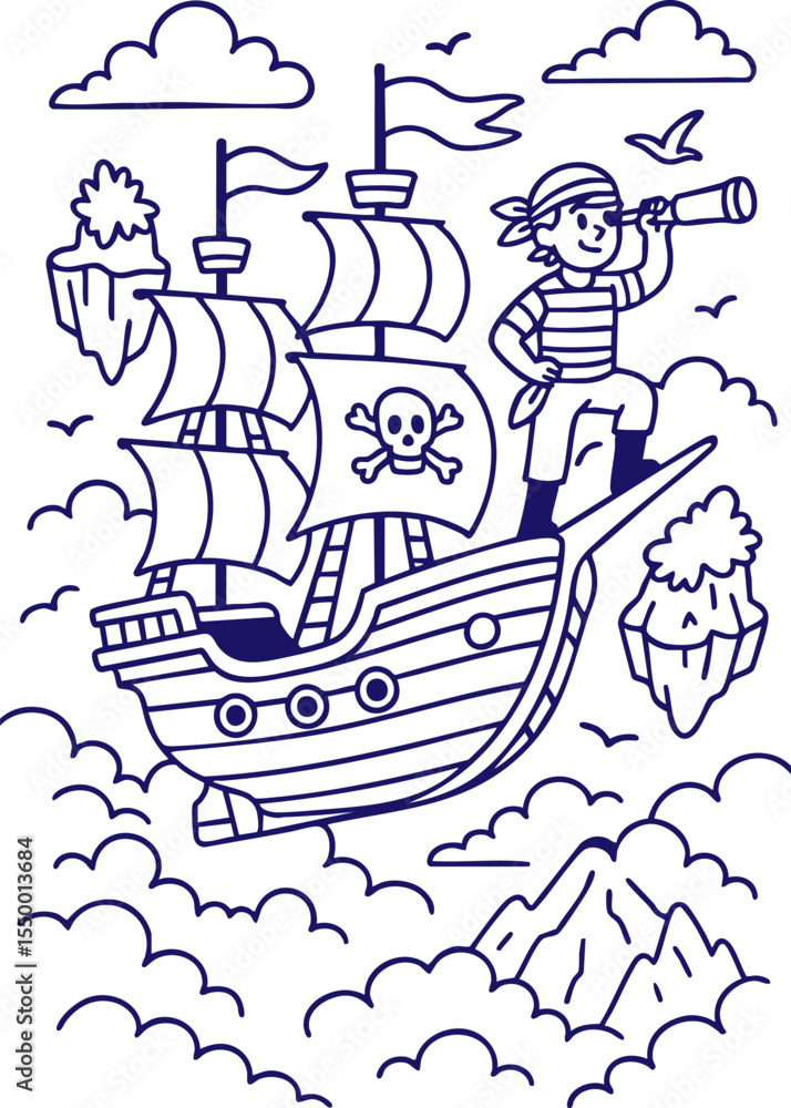 Fototapeta premium Pirate boy looking through telescope on flying ship in sky