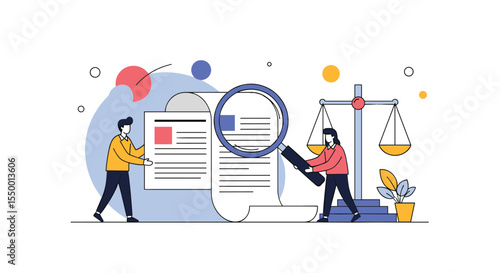 Legal Document Examination Process with Magnifying Glass and Lawyer Team
