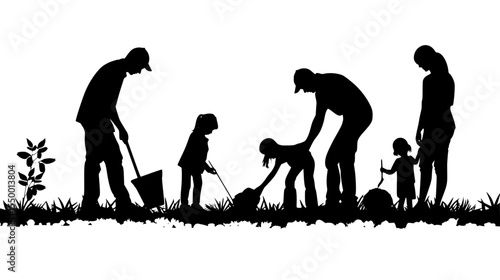 silhouette of a family with children and a dog planting grass child, dog, family, garden, gardener, grass, people, plant, silhouette , Generative art.
