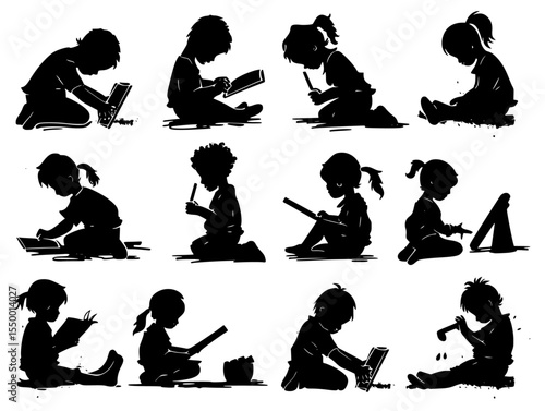 silhouettes of little boys and girls reading books book, boy, child, girl, kid, little, read, silhouette, sit , Generative art.