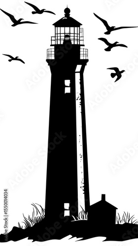 a black and white illustration of a lighthouse with seagulls flying around bird, black, fly, house, illustration, lighthouse, seagull, silhouette , Generative art.