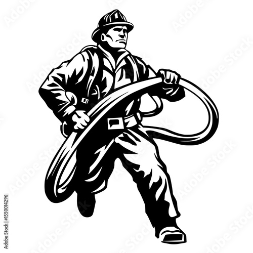 a black and white drawing of a fireman holding a hose in his hand black, drawing, fireman, hand, hold, hose, illustration, man, retro, style , Generative art.
