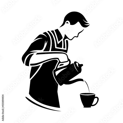 a black and white silhouette of a man in an apron pouring a cup of coffee apron, black, coffee, coffee cup, cup, drink, man, pour, silhouette, tea , Generative art.
