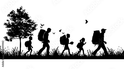 black silhouette of people with backpacks walking in the park backpack, bird, black, child, kid, park, people, silhouette, walk , Generative art.