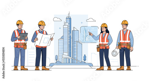 Diverse Team of Engineers Overseeing Construction in a Modern City
