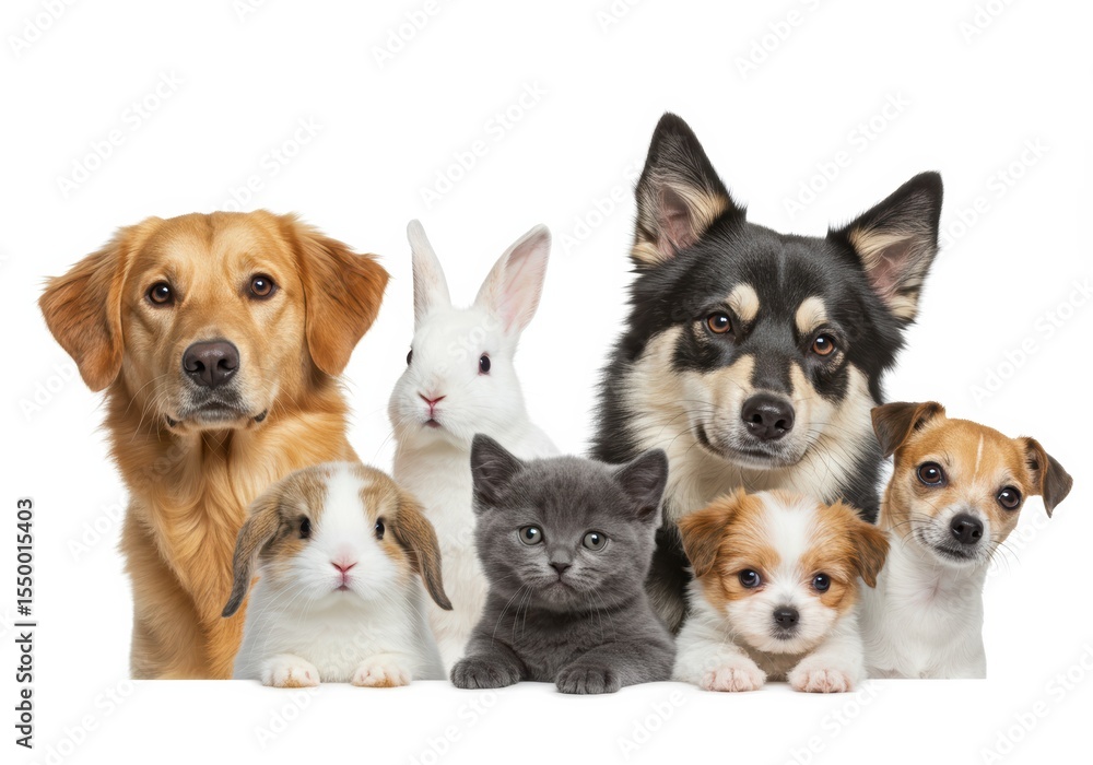 A delightful portrait featuring a charming collection of domestic pets in a group setting. A delightful portrait featuring a charming collection of domestic pets in a group setting.