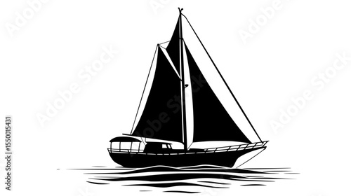 black silhouette of a boat floating on the water in the sea black, boat, float, sail, sailboat, sea, ship, silhouette, water , Generative art.