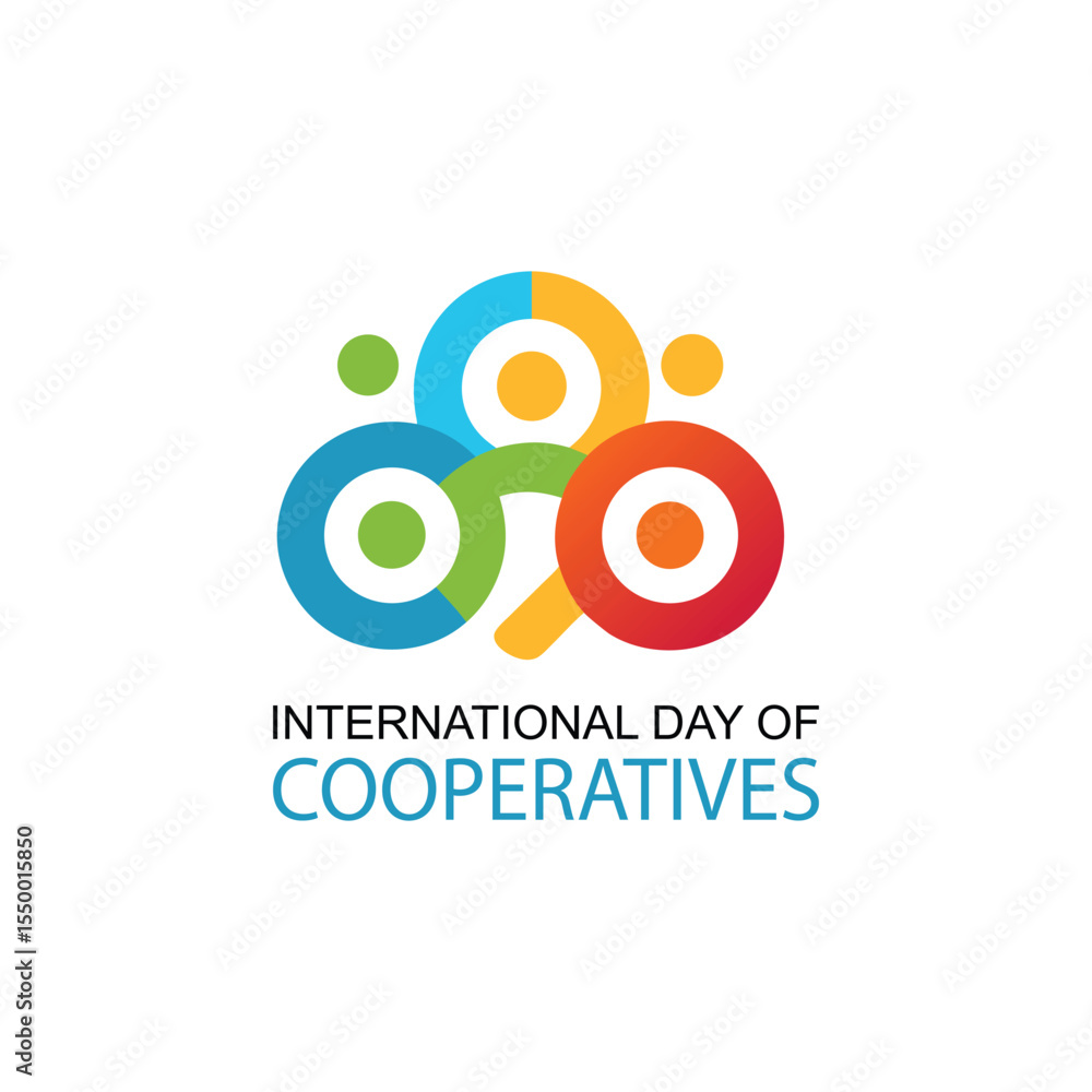Colorful logo celebrating international day of cooperatives with interlocking circles and text Colorful logo celebrating international day of cooperatives with interlocking circles and text