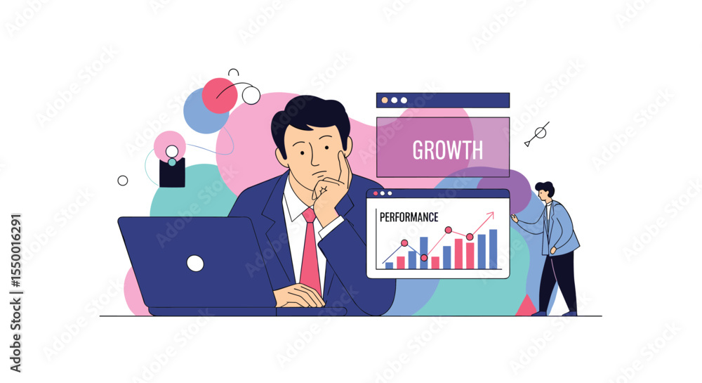 Analyzing Growth Man with Laptop and Business Analytics Concept Analyzing Growth Man with Laptop and Business Analytics Concept