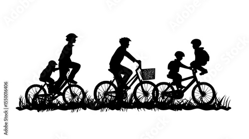black silhouette of a family with kids riding bikes in the grass bicycle, bike, black, child, family, grass, kid, people, ride, silhouette , Generative art.