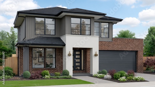 Wallpaper Mural A sleek, modern house features a terracotta entrance, car parking, and a minimalist design surrounded by nature during the day Torontodigital.ca