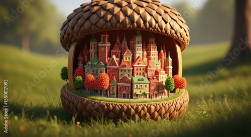 Miniature european cityscape encased within an acorn on sunlit grassy meadow with blurred