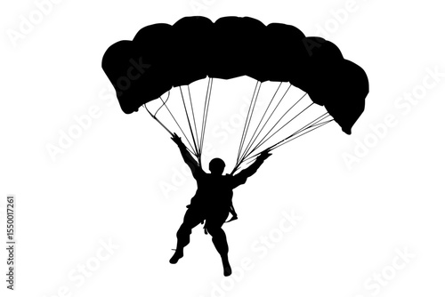 a black silhouette of a person with a parachute on a white background black, man, parachute, person, silhouette , Generative art.