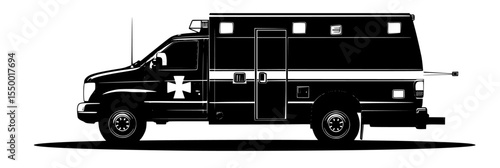 a black and white illustration of a medical truck ambulance, black, illustration, medical, silhouette, truck