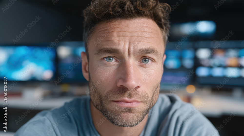 Fototapeta premium Close-up of a serious man with blue eyes and a beard, looking directly at the camera in a dimly lit tech or control room environment.