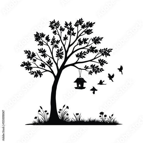 Black silhouette of a tree with a bird feeder and a perched bird