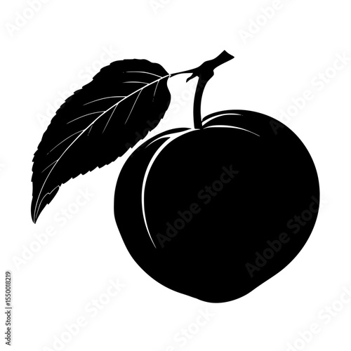 a black and white illustration of an apple with a leaf on a branch apple, black, branch, icon, illustration, leaf, peach, silhouette