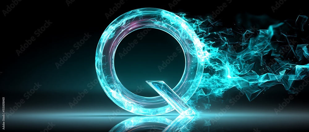Fototapeta premium Abstract letter Q, vibrant teal glow