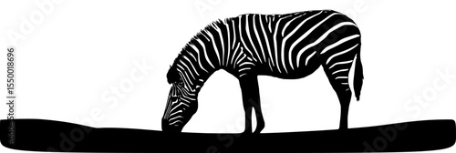 a black and white silhouette of a zebra grazing on grass black, grass, graze, head, silhouette, stand, tree, zebra
