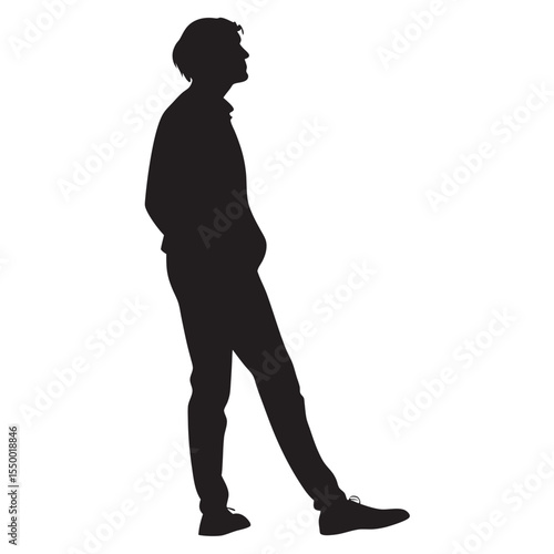 Man Silhouette Leaning: A monochrome silhouette of a man stands in a relaxed pose, casually leaning, showcasing a sense of contemplation. It's a study in posture and form.