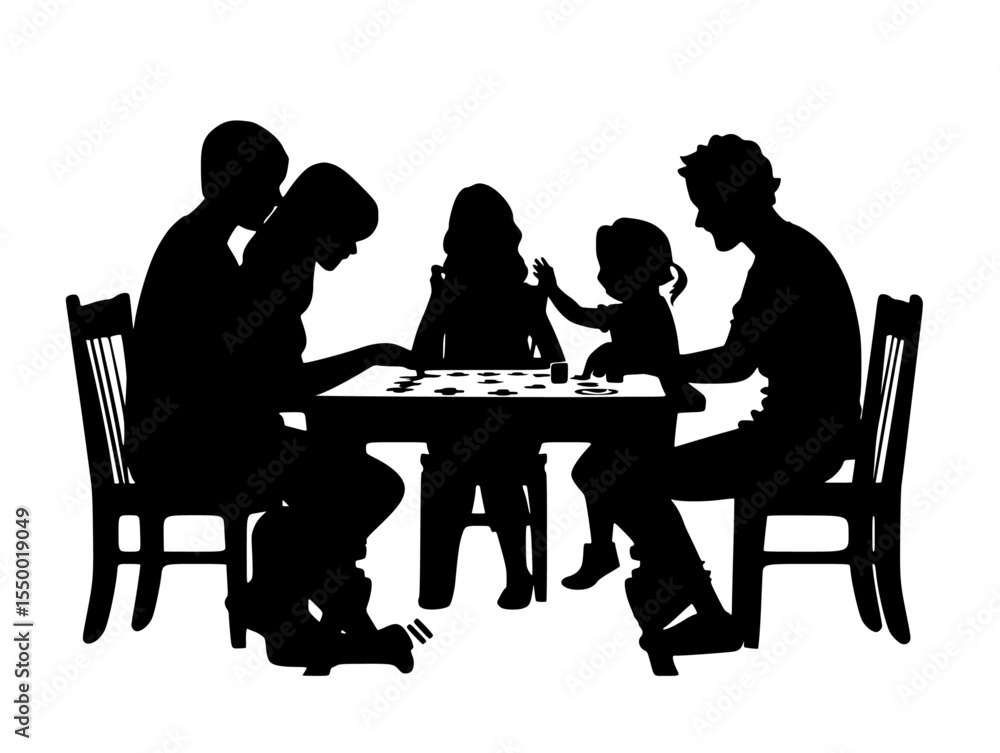 Fototapeta premium a black silhouette of a family sitting around a table with children playing adult, black, child, family, people, play, silhouette, sit, sit around, table