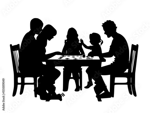 a black silhouette of a family sitting around a table with children playing adult, black, child, family, people, play, silhouette, sit, sit around, table