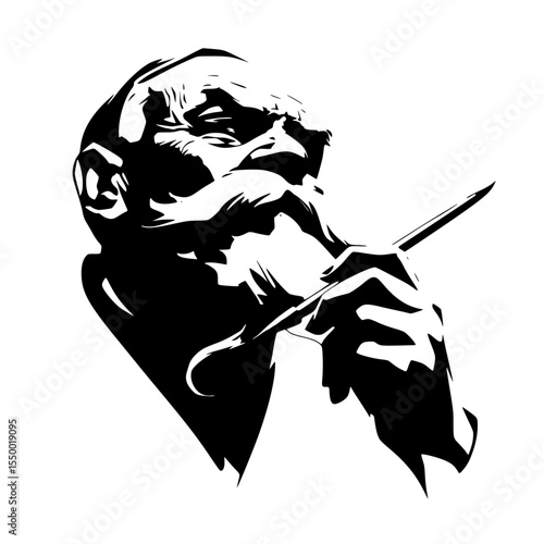 a black and white illustration of a silhouette of an old man smoking art, beard, black, hold, illustration, man, old, silhouette, smoke 
