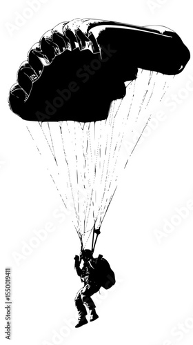 a black and white drawing of a person with a parachute black, drawing, illustration, man, parachute, person, silhouette