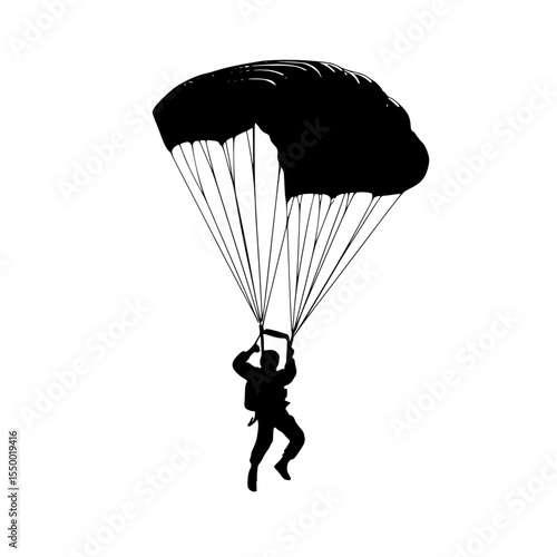 a black silhouette of a person parasailing on a white background black, man, parachute, person, silhouette 