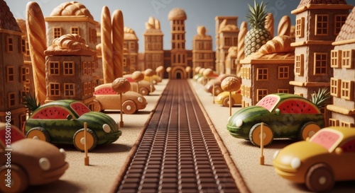 Whimsical Metropolis Crafted from Bread and Fruit, Showcasing Cars Made from Watermelons