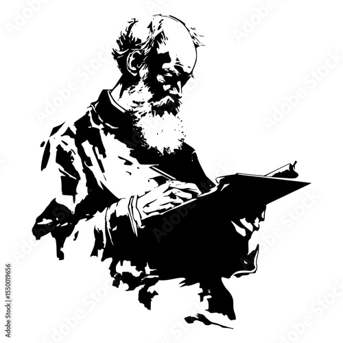 a black and white drawing of an old man with a beard reading a book art, beard, black, book, drawing, illustration, man, old, read, religious, silhouette