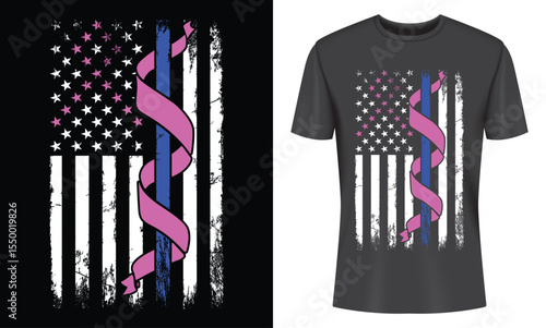Distressed American Flag T-Shirt Design featuring a Thin Blue Line and Pink Ribbon