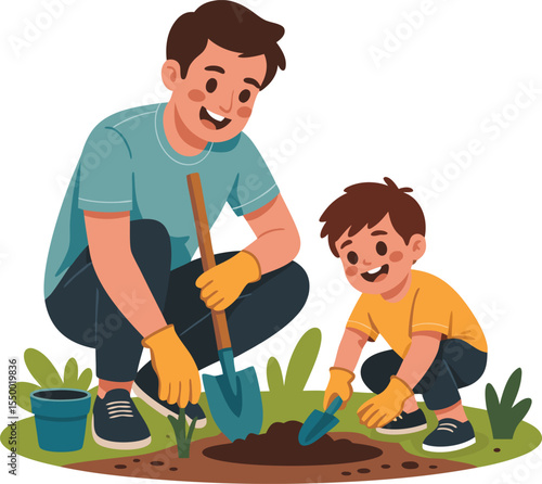 Happy father and son planting together in the garden cartoon illustration