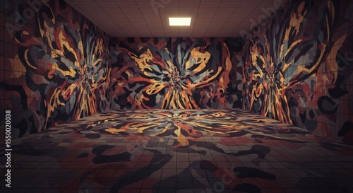 Surreal tiled room with abstract floral explosions in warm color palette and overhead light source
