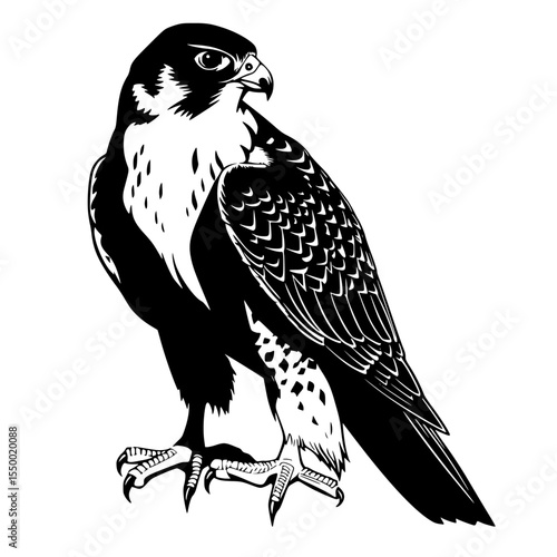 a black and white silhouette of a bird of prey bird, black, falcon, silhouette , Generative art.
