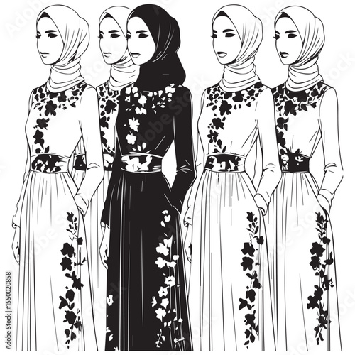 Five diverse women wearing elegant floral print modest dresses and hijabs in a line