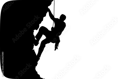 a black silhouette of a man climbing a rock with a rope black, climb, hang, man, people, rock, rock climber, rope, silhouette , Generative art.