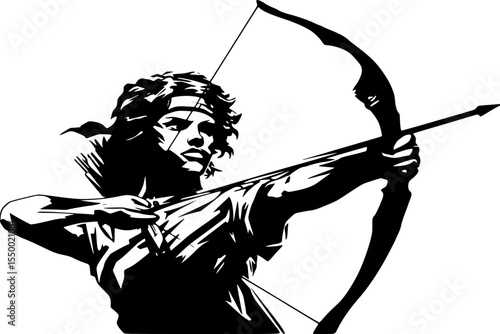 a black and white illustration of a man with a bow and arrow arrow, black, bow, illustration, man, silhouette , Generative art.