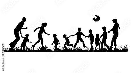 a black and white silhouette, human evolution, people walking, family, children playing, dog, nature, field, monochrome, minimalistic style
