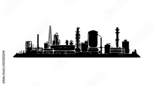 black silhouette of industrial plants and buildings on a white background black, building, city, factory, illustration, industrial, plant, silhouette , Generative art.